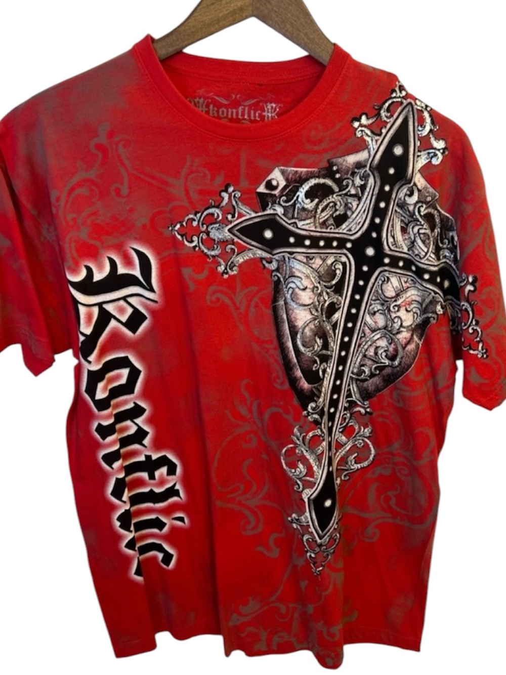 Konflic XL Red Graphic Cross T-Shirt Gothic Y2K Tattoo Streetwear Tee